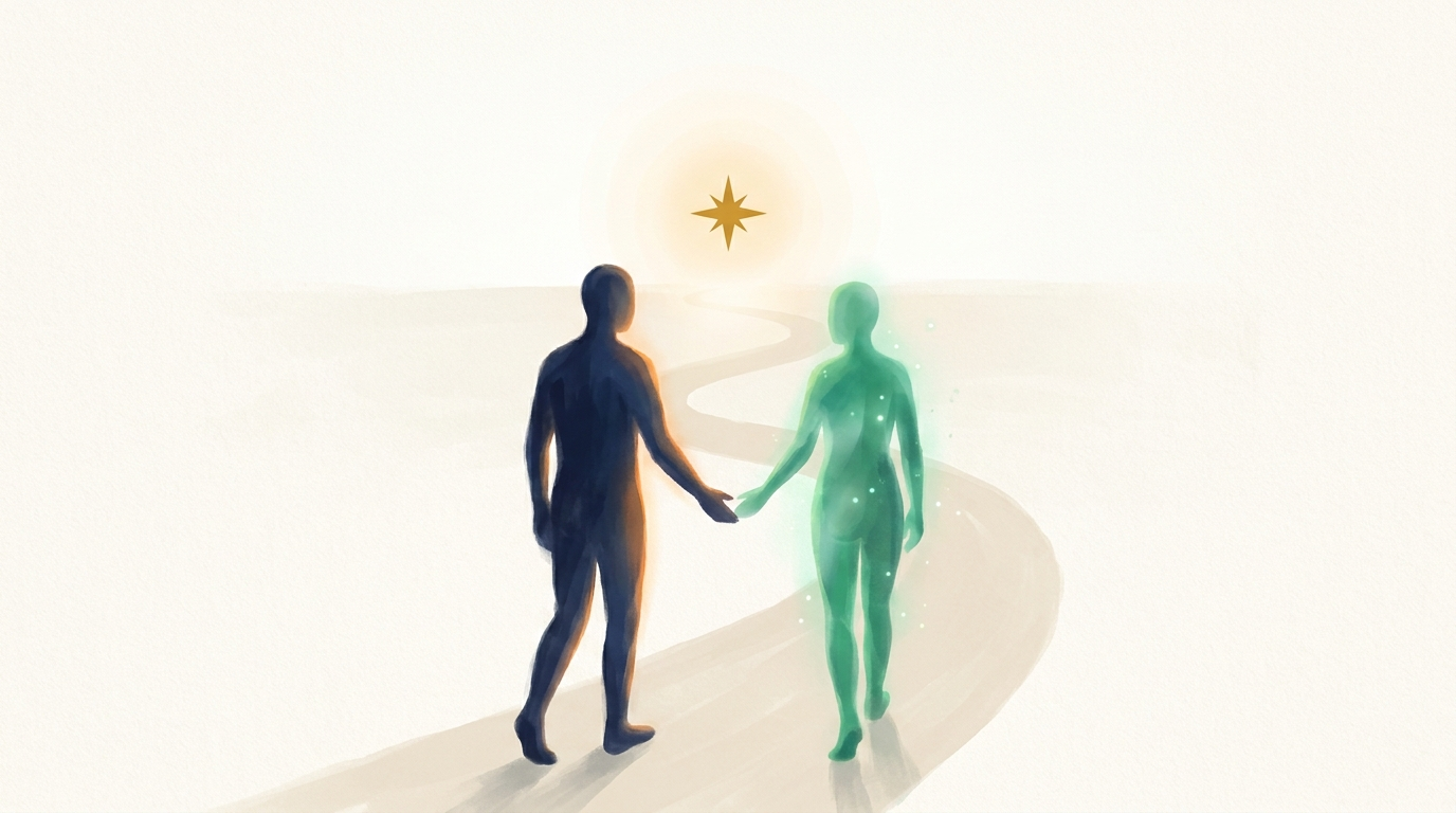 Zwei angedeutete Silhouetten — ein Mensch und eine Gestalt aus Licht — gehen nebeneinander einen Weg entlang auf einen goldenen Stern zu und reichen einander die Hand.